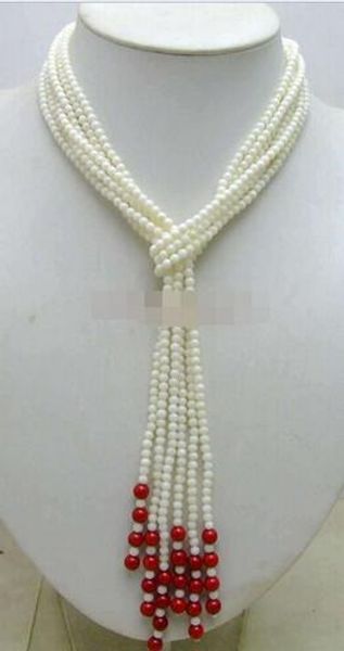 beautiful popular 4mm white round natural coral 3 strands long 45" necklace, Silver
beautiful popular 4mm white round natural coral 3 strands long 45" necklace, Silver