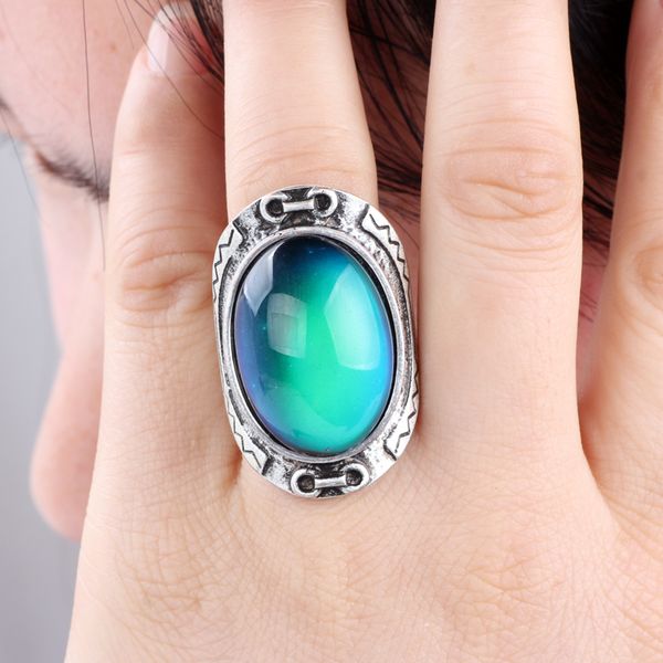 

Large Real Antique Silver Plated Color Change Mood Ring Bohemian Style Emotion Feeling Oval Stone Rings Size 7/8/9 MJ-RS033
