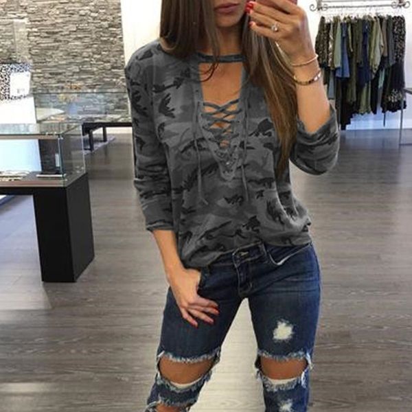 fashion lace bandage camouflage t-shirts for women long sleeves clothes out army green tees, White
fashion lace bandage camouflage t-shirts for women long sleeves clothes out army green tees, White