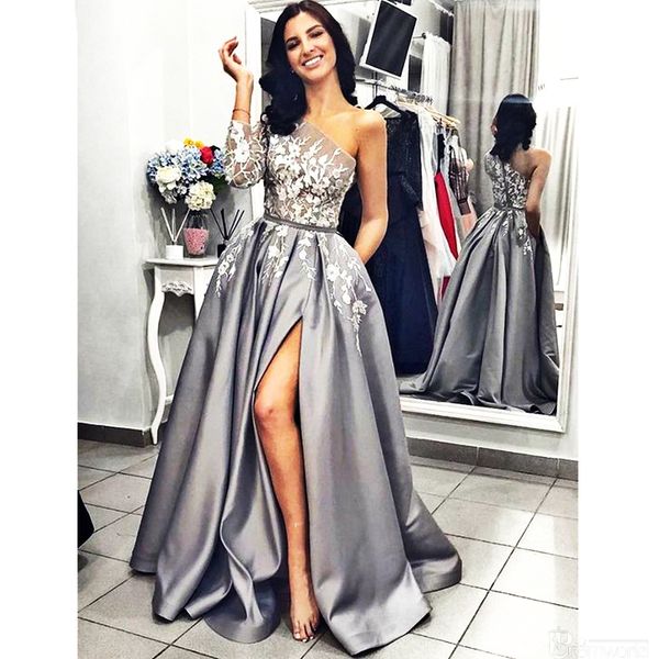 grey satin evening gown a-line split white lace long prom dresses with pockets one shoulder long sleeves evening dress, White;black
grey satin evening gown a-line split white lace long prom dresses with pockets one shoulder long sleeves evening dress, White;black