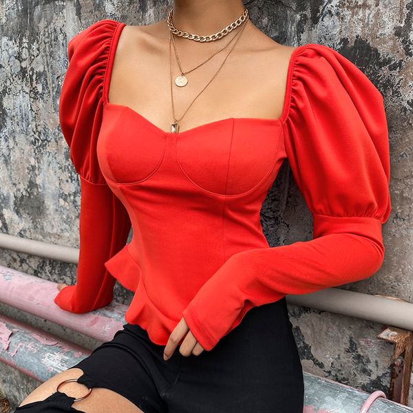 women's t-shirt square neck puff sleeve cropped solid red fashion slim fit t shirt nightclub romantic clothing mm60tx, White
women's t-shirt square neck puff sleeve cropped solid red fashion slim fit t shirt nightclub romantic clothing mm60tx, White