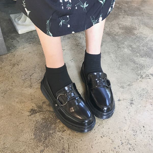 new college temperament thick crust small shoes wild metal ring foot leisure loafers shoes, Black
new college temperament thick crust small shoes wild metal ring foot leisure loafers shoes, Black