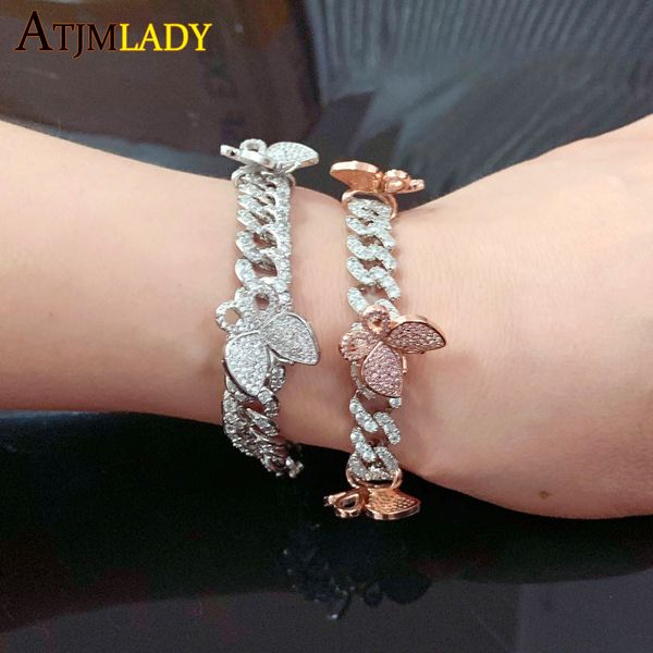 

2020 iced out bling cz cubic zircon women jewelry hip hop rock miami cuban link chain rose color pink butterfly bracelet, Black