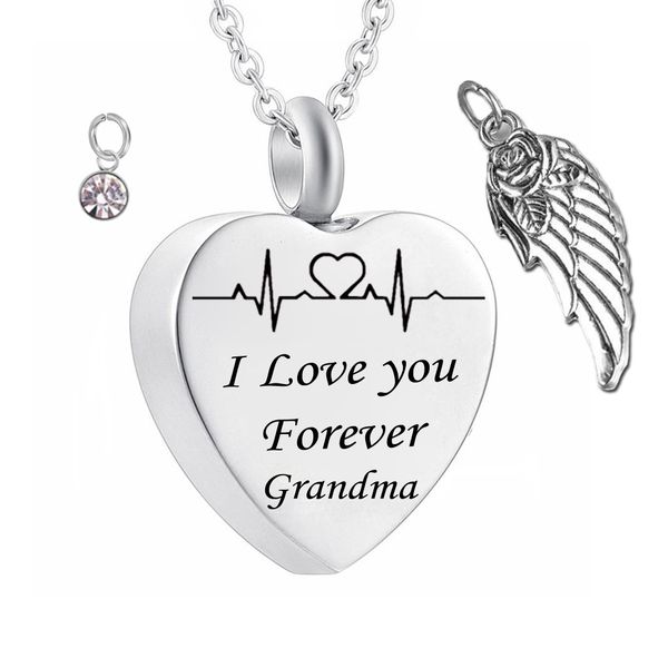 i love you forever grandma birthstone ashes heart pendant memorial urn necklace angel wing stainless steel waterproof cremation jewelry, Silver
