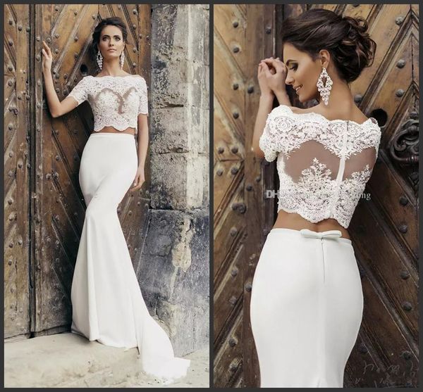 2019 chic crop mermaid wedding dresses illusion bodice short sleeves two piece wedding dresses vintage beach bridal dresses with jacket, White
2019 chic crop mermaid wedding dresses illusion bodice short sleeves two piece wedding dresses vintage beach bridal dresses with jacket, White