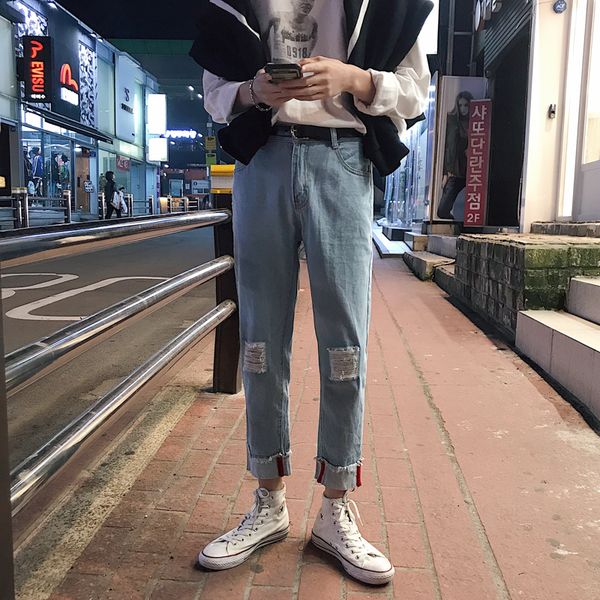 2019 spring and summer new harajuku style korean version of casual fashion couple straight hole jeans patch streetwear best, Blue
2019 spring and summer new harajuku style korean version of casual fashion couple straight hole jeans patch streetwear best, Blue
