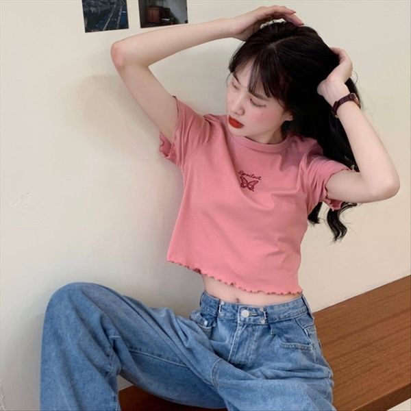 2020 embroidered butterfly short-sleeved t- t- shirt women's high waist navel short base shirt purple fashion, White
2020 embroidered butterfly short-sleeved t- t- shirt women's high waist navel short base shirt purple fashion, White