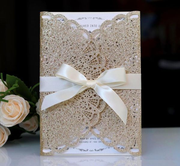 New Arrival Champagne Gold Glitter Laser Cut Invitation Cards With Burgundy Ribbons For Wedding Bridal Shower Engagement Birthday Graduation
New Arrival Champagne Gold Glitter Laser Cut Invitation Cards With Burgundy Ribbons For Wedding Bridal Shower Engagement Birthday Graduation