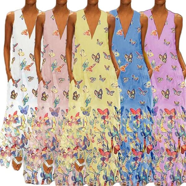 long dresses women v neck butterfly print dress sleeveless pockets dress casual loose boho maxi bkini, White;black
long dresses women v neck butterfly print dress sleeveless pockets dress casual loose boho maxi bkini, White;black