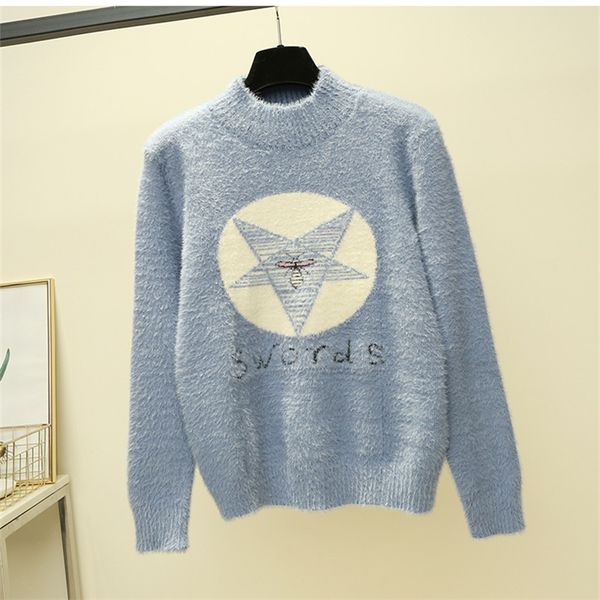 

casual letter bee o-neck warm loose knitted sweater pullover autumn knitwear sueter mujer long sleeve women new 2019 woman, White;black