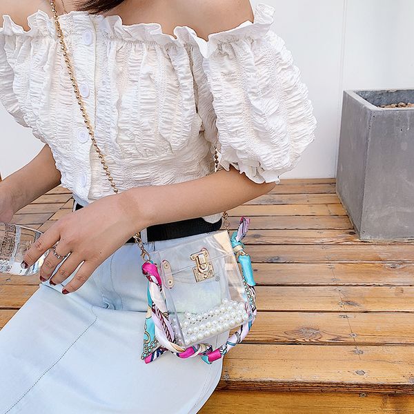 2020 new women's shoulder bag fashion transparent bag female korean version of acrylic ribbon portable crossbody