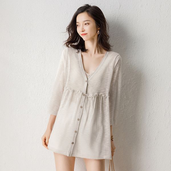 2020 summer new korean style knitwear artistic thin three-quarter sleeve single breasted solid color stitching loose large size womens cloth, White
2020 summer new korean style knitwear artistic thin three-quarter sleeve single breasted solid color stitching loose large size womens cloth, White