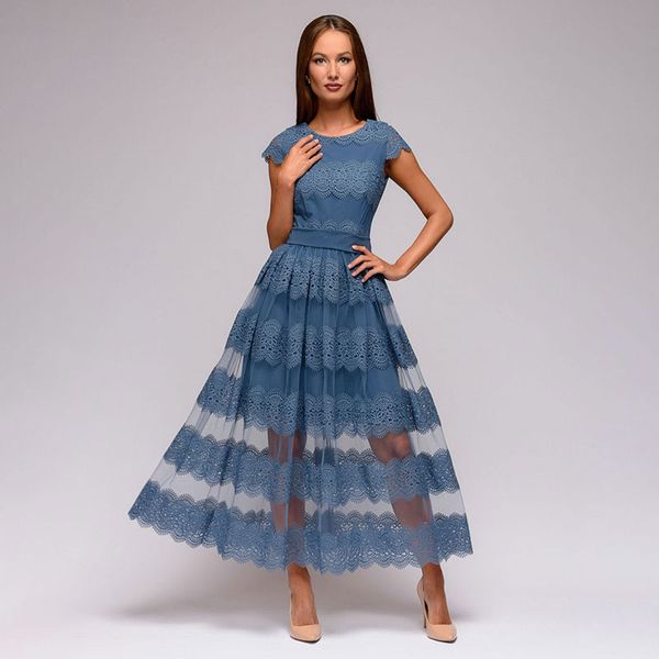 women casual lace a line party dress ladies short sleeve o-neck solid spring dress 2020 new fashion midi vestidos, Black;gray