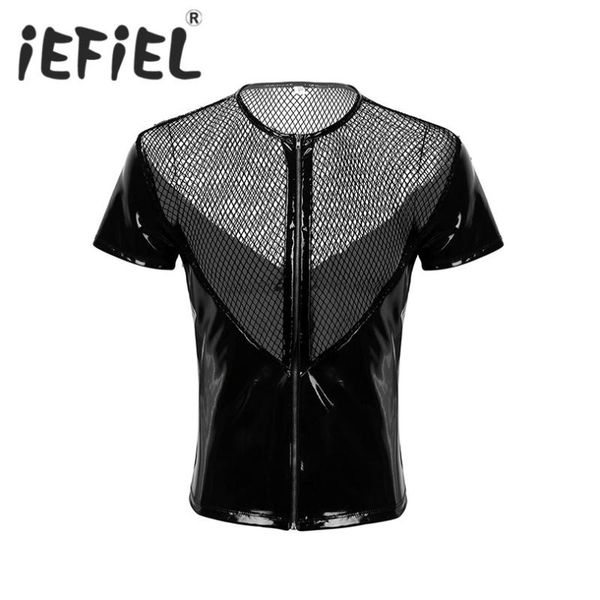 men's t-shirts novelty gay male mens shiny wet look fishnet splice short sleeve patent leather t-shirt coat clubwear, White;black
men's t-shirts novelty gay male mens shiny wet look fishnet splice short sleeve patent leather t-shirt coat clubwear, White;black