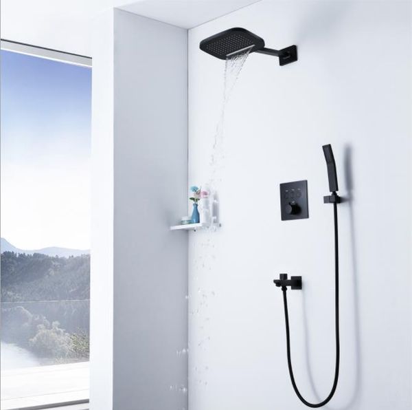 10" black shower system bathroom 3 way wall mounted rainfall waterfall dual shower head thermostatic mixer tap set with handheld shower