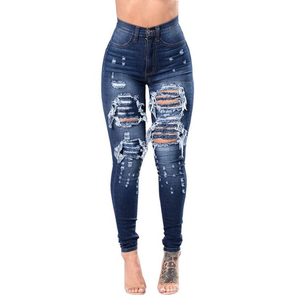 

new fashion ripped jeans for women middle high waist slim tassels jeans casual skinny denim cotton hole pencil feet pant, Blue