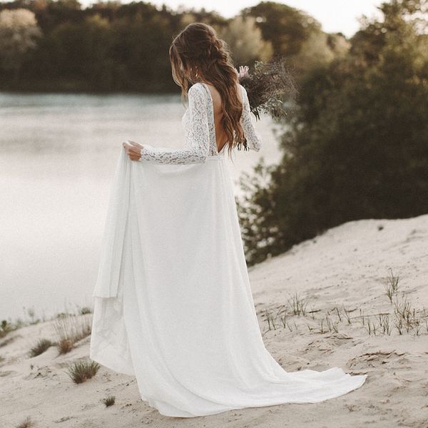 new beach wedding dress long sleeves boho v neck open back bridal dresses 2019 chiffon lace wedding gown novias269g, White
new beach wedding dress long sleeves boho v neck open back bridal dresses 2019 chiffon lace wedding gown novias269g, White