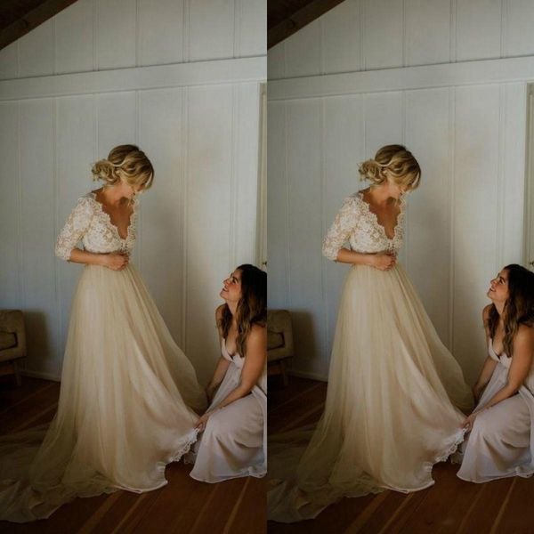 2020 champagn lace wedding dresses 3/4 long sleeve illusion bodice v neck tulle a line garden outdoor wedding bridal gowns, White
2020 champagn lace wedding dresses 3/4 long sleeve illusion bodice v neck tulle a line garden outdoor wedding bridal gowns, White