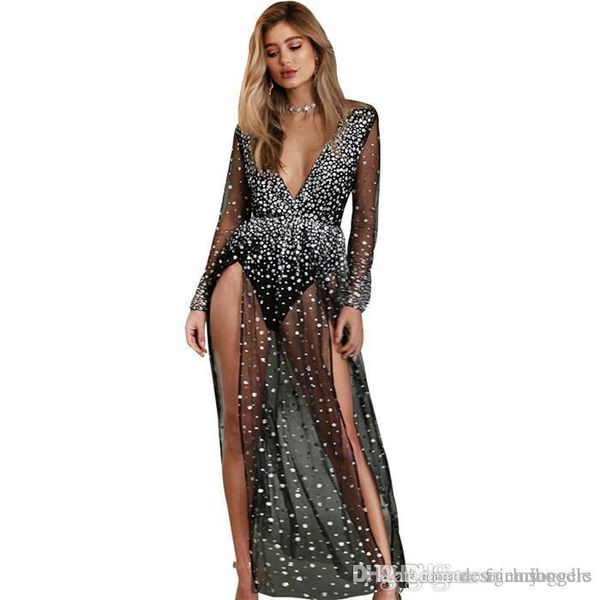 fluorescent split women dress deep v neck sequins sheer dresses club long black dress female clothing, White;black
fluorescent split women dress deep v neck sequins sheer dresses club long black dress female clothing, White;black
