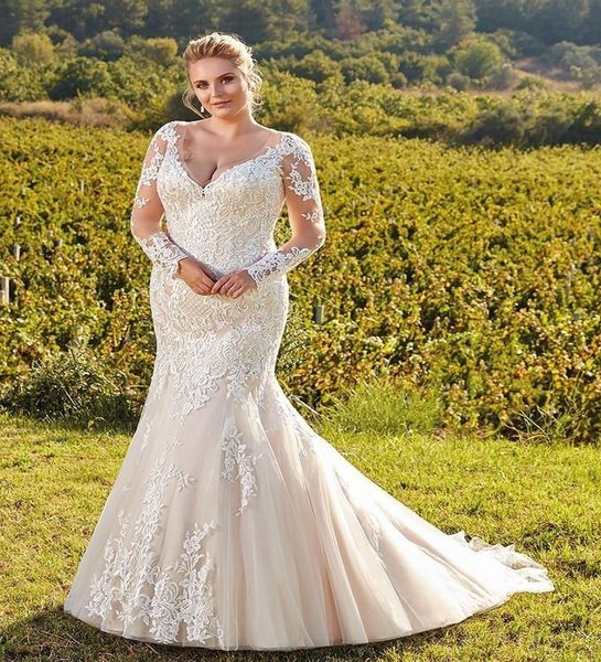 plus size champagne wedding dresses v neck sheer long sleeves lace mermaid wedding bridal gowns mermaid lace appliques bridal gowns, White
plus size champagne wedding dresses v neck sheer long sleeves lace mermaid wedding bridal gowns mermaid lace appliques bridal gowns, White