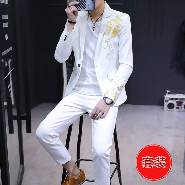 2020 men fashion and personality suit youth bronze handsome leisure suit two-piece set, White;black
2020 men fashion and personality suit youth bronze handsome leisure suit two-piece set, White;black