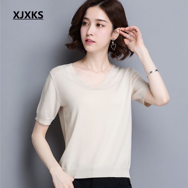 xjxks solid color all-match v collar short-sleeved women's t-shirt 2019 summer new comfortable linen knitted t-shirt women top, White
xjxks solid color all-match v collar short-sleeved women's t-shirt 2019 summer new comfortable linen knitted t-shirt women top, White