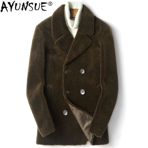 

ayunsue real sheep shearling fur coat winter jacket men streetwear wool coats suede lining windbreaker jackets d-14-1819 my1169, Black