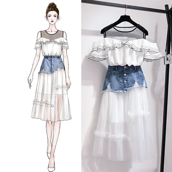 2019 summer two piece set women ruffles off shoulder shirt + mesh denim skirt 2 piece skirt set 2 outfits for women, White
2019 summer two piece set women ruffles off shoulder shirt + mesh denim skirt 2 piece skirt set 2 outfits for women, White