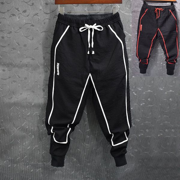 fashion mens slim fit stretch harem pants elastic waist patchwork striped hip hop pants joggers cuffed trousers for male, Black 
fashion mens slim fit stretch harem pants elastic waist patchwork striped hip hop pants joggers cuffed trousers for male, Black