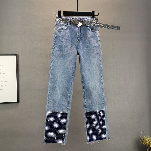 2020 spring new high-waist loose color block drilling straight cropped wide-leg jeans women's denim jean lady trousers pants, Blue
2020 spring new high-waist loose color block drilling straight cropped wide-leg jeans women's denim jean lady trousers pants, Blue
