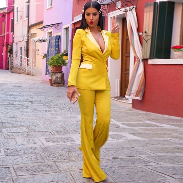 women's suits & blazers pants elegant yellow two piece sets deep v long sleeve party women flares blazer clothes, White;black
women's suits & blazers pants elegant yellow two piece sets deep v long sleeve party women flares blazer clothes, White;black