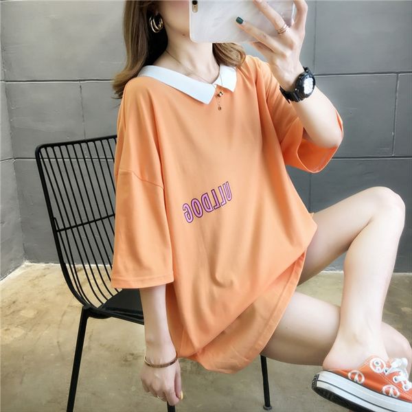 lapel color matching short-sleeved t-shirt women's printed loose european large size women's fat mm, White
lapel color matching short-sleeved t-shirt women's printed loose european large size women's fat mm, White