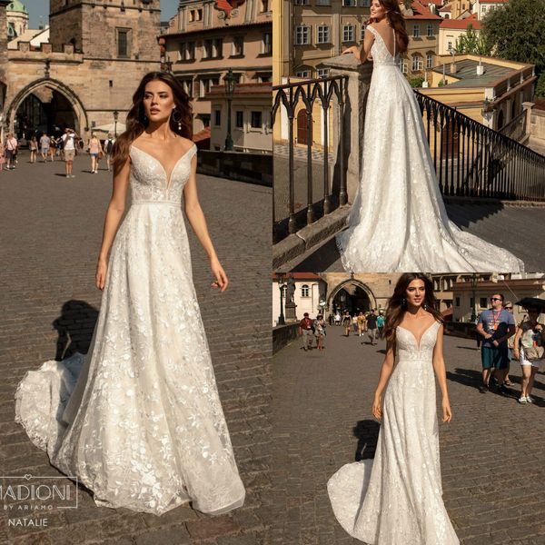 

2020 robe de soiree a line appliqued deep v neck lace country bridal gowns sweep train plus size bohemian wedding dress elie saab, White