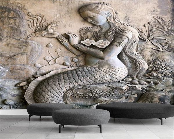 3d bedroom wallpaper european 3d embossed mermaid background wall painting silk wallpaper