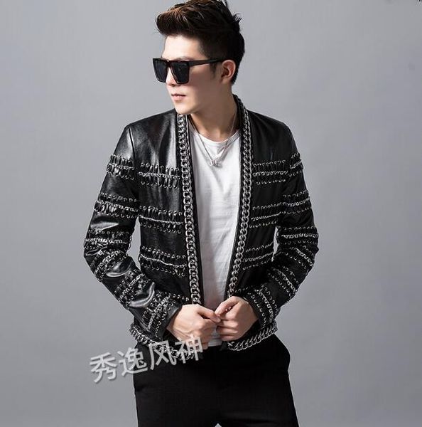 men's chain stitching locomotive leather jacket new fashion male casual short paragraph leather coat stage personality costumes, Black
men's chain stitching locomotive leather jacket new fashion male casual short paragraph leather coat stage personality costumes, Black