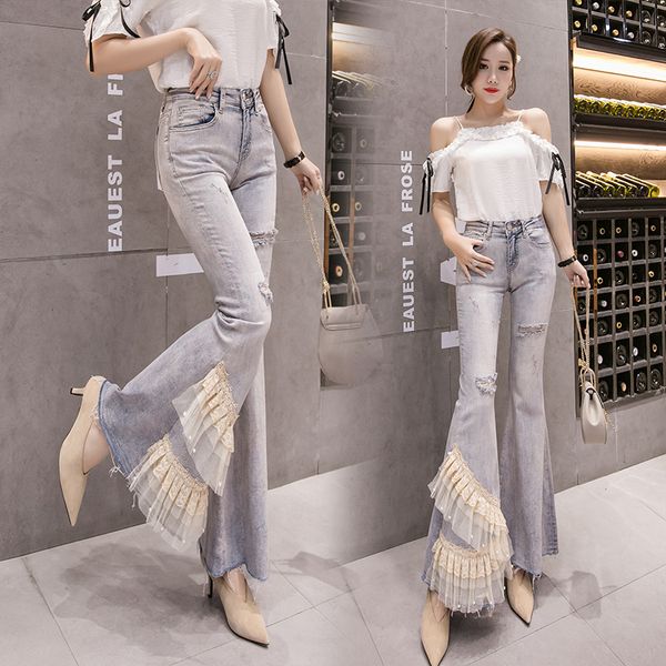 flare jeans pants women's 2020 spring autumn new high waist slimming tight-fit trousers beaded lace ruffles holes jeans, Blue
flare jeans pants women's 2020 spring autumn new high waist slimming tight-fit trousers beaded lace ruffles holes jeans, Blue