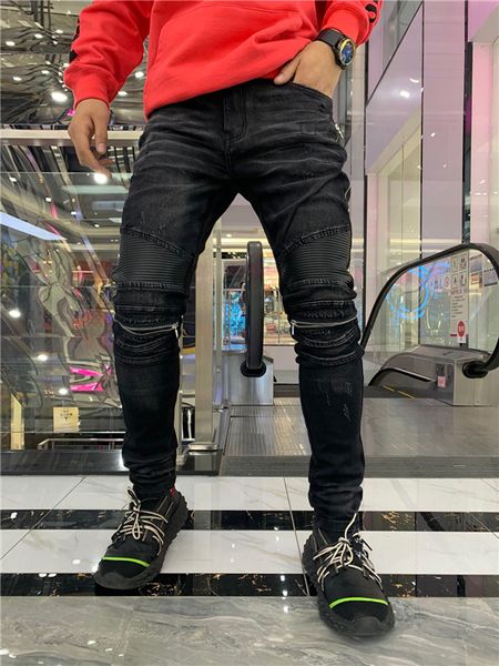 2020 arm fashion designer mens ripped biker jeans leather patchwork slim fit black moto denim joggers for male distressed jeans pants28-40v5, Blue
2020 arm fashion designer mens ripped biker jeans leather patchwork slim fit black moto denim joggers for male distressed jeans pants28-40v5, Blue