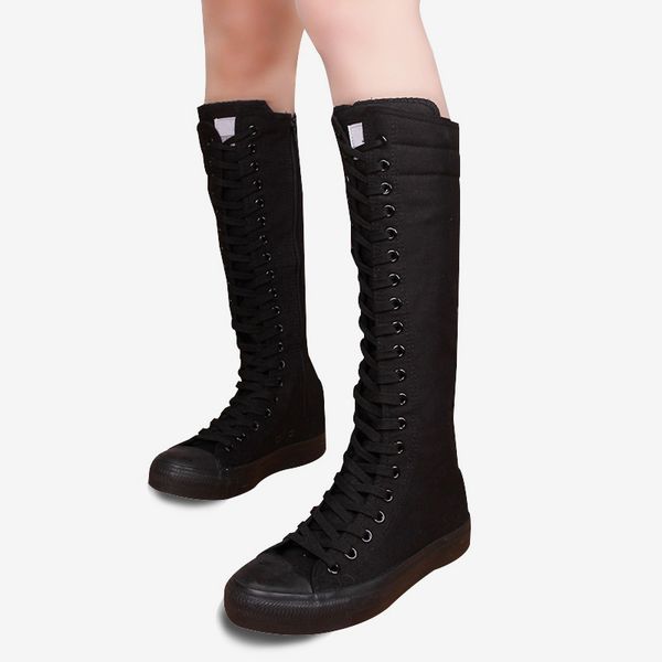 women lace up cross tied knee high boots ladies platform canvas solid white black shoes female fashion casual footwear plus size 
women lace up cross tied knee high boots ladies platform canvas solid white black shoes female fashion casual footwear plus size