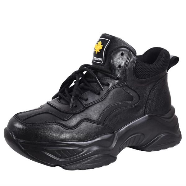 autumn/winter 2019 high-shoes with velvet daddy shoes with thick sole and leather casual shoes for women, Black