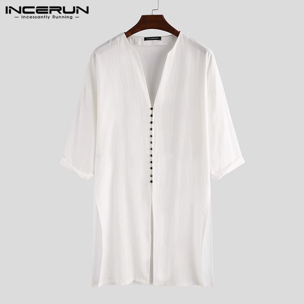men shirt cotton solid color button long sleeve streetwear 2019 deep v neck vintage long mens robes casual shirts incerun, White;black
men shirt cotton solid color button long sleeve streetwear 2019 deep v neck vintage long mens robes casual shirts incerun, White;black