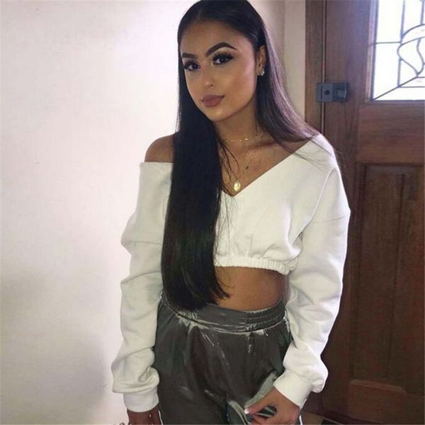 women deep-v neck long sleeves fleece hoodies off shoulder shirt casual basic color street wear, White
women deep-v neck long sleeves fleece hoodies off shoulder shirt casual basic color street wear, White