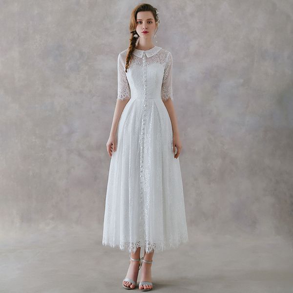vintage lace tulle beach tea length wedding dress with half sleeves 2020 summer a line wedding gowns, White
vintage lace tulle beach tea length wedding dress with half sleeves 2020 summer a line wedding gowns, White