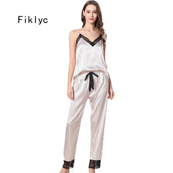 fiklyc underwear long pants female striped pajamas sets summer sleeveless satin nightwear pijamas sets 2019 new arrival nighties, Black;red
fiklyc underwear long pants female striped pajamas sets summer sleeveless satin nightwear pijamas sets 2019 new arrival nighties, Black;red