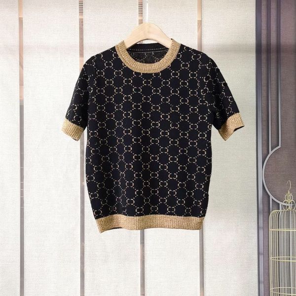 brand fashion women's high-end luxury summer new gold wire round neck short-sleeved wool knitted short-sleeved t-shirt tees top, White
brand fashion women's high-end luxury summer new gold wire round neck short-sleeved wool knitted short-sleeved t-shirt tees top, White