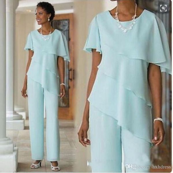 

New Mother of the Bride Dresses 2019 Pants Suits Wedding Guest Dress Silk Chiffon Short Sleeve Tiered Mother of Bride Pant Suits Custom Made