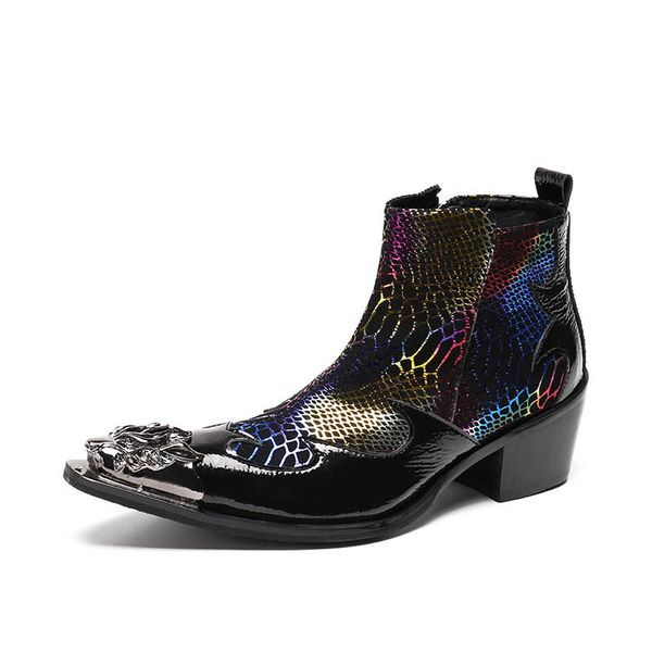 2020 new british mens color printed boots block med heels metal toes night club punk footwear genuine leather party shoes, Black
2020 new british mens color printed boots block med heels metal toes night club punk footwear genuine leather party shoes, Black