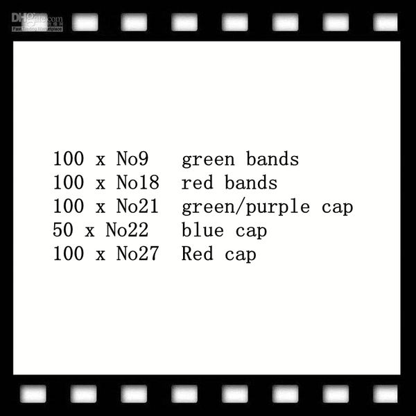 100 et no 9 green band 100 et no 18 red band 100pc no 21 green purple cap 50 x no 22 blue cap 100 x no27 red hat
100 et no 9 green band 100 et no 18 red band 100pc no 21 green purple cap 50 x no 22 blue cap 100 x no27 red hat