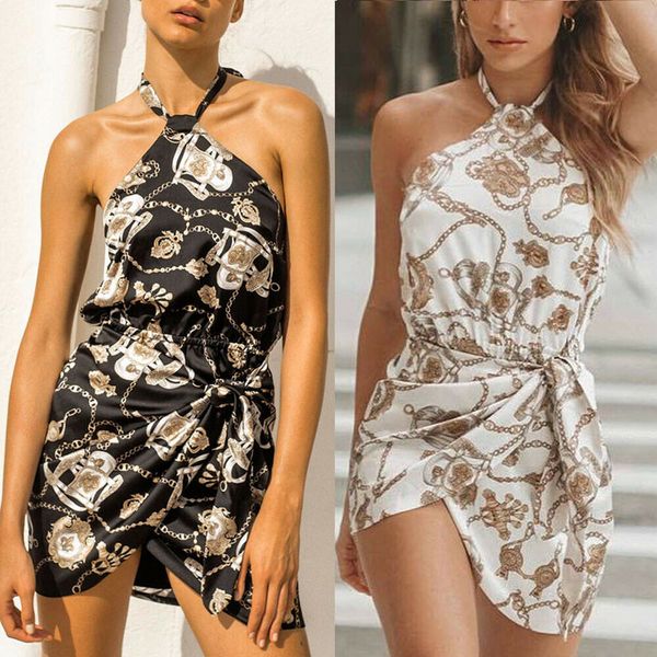 sell new womens ladies sleeveless backless halter printed beach party mini short dress size s-xl, White;black
