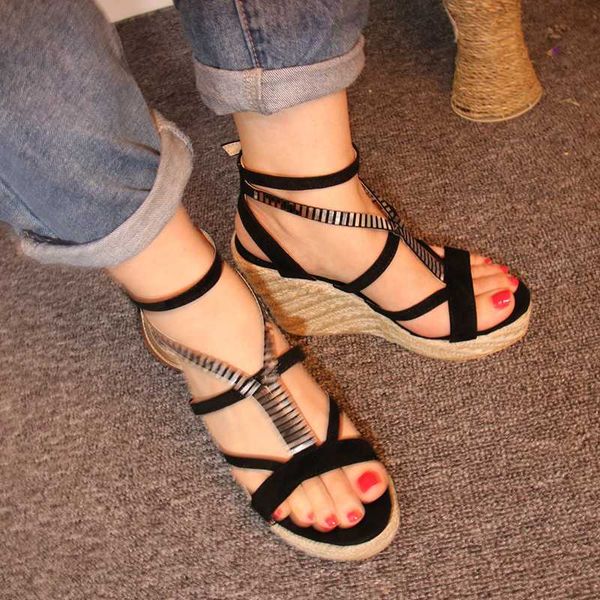 2020 woman summer shoes sandals ankel strap high wedges open-toed fashion party buckle strap cross-tied color matching, Black
2020 woman summer shoes sandals ankel strap high wedges open-toed fashion party buckle strap cross-tied color matching, Black