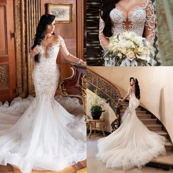 new arabic modern mermaid wedding dresses long sleeves lace appliques crystal beading sheer open back plus size formal bridal gowns, White
new arabic modern mermaid wedding dresses long sleeves lace appliques crystal beading sheer open back plus size formal bridal gowns, White